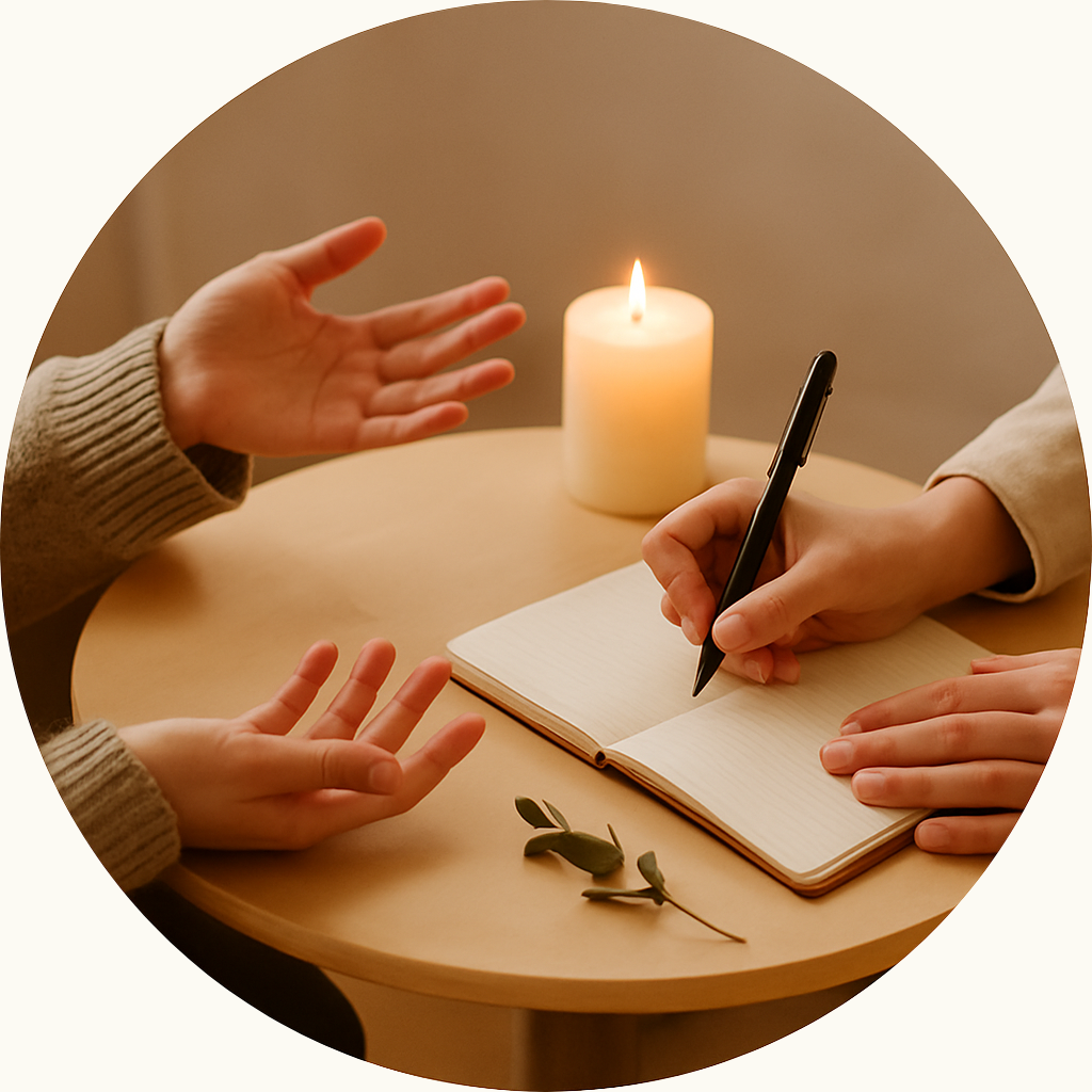 (Échanges et écriture) Deux personnes en pleine séance d’échange : l’une s’exprime avec les mains et l’autre prend des notes dans un carnet, à côté d’une bougie allumée.