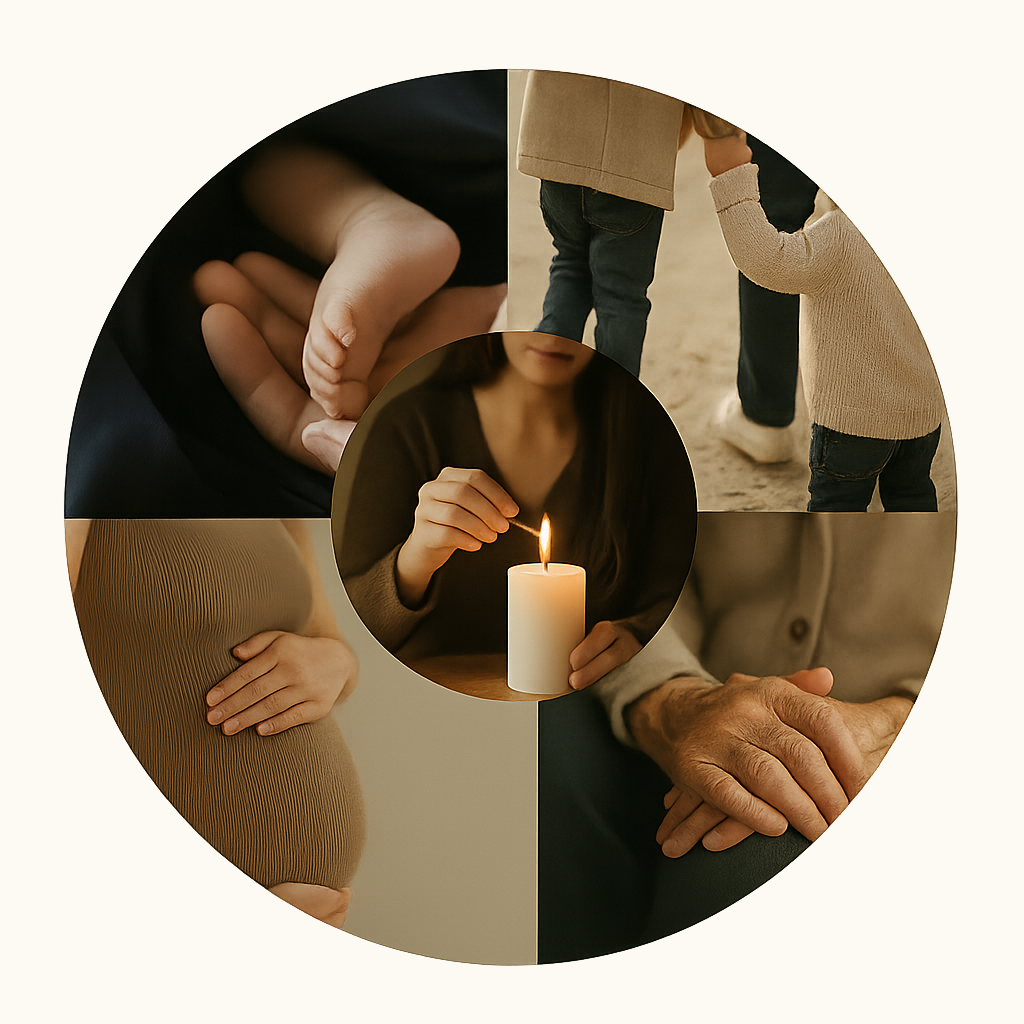 (Mosaïque de moments de vie) Mosaïque circulaire montrant différents passages de vie : les pieds d’un nouveau-né, une femme enceinte, des mains de personne âgée et une bougie allumée.